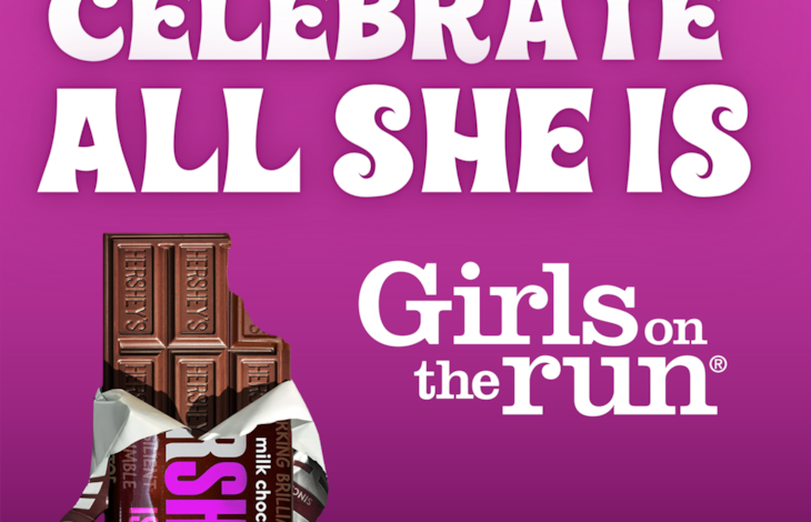 Pink decorative graphic with HerSHEy's Girls on the Run collaboration chocolate bar in lower left. Girls on the Run logo is in white to the right of graphic.
